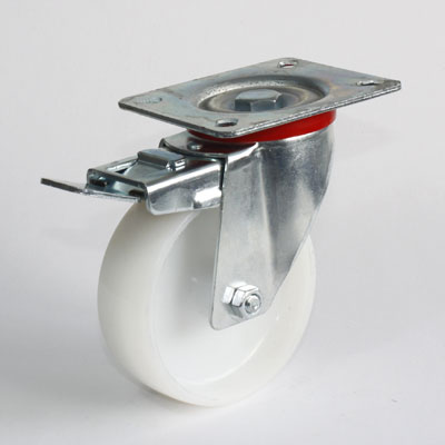 Bremsrolle mit Lenkplatte und Bremse, Gabel verzinkt, Rad aus Polyamid, Durchmesser Rad 100 mm